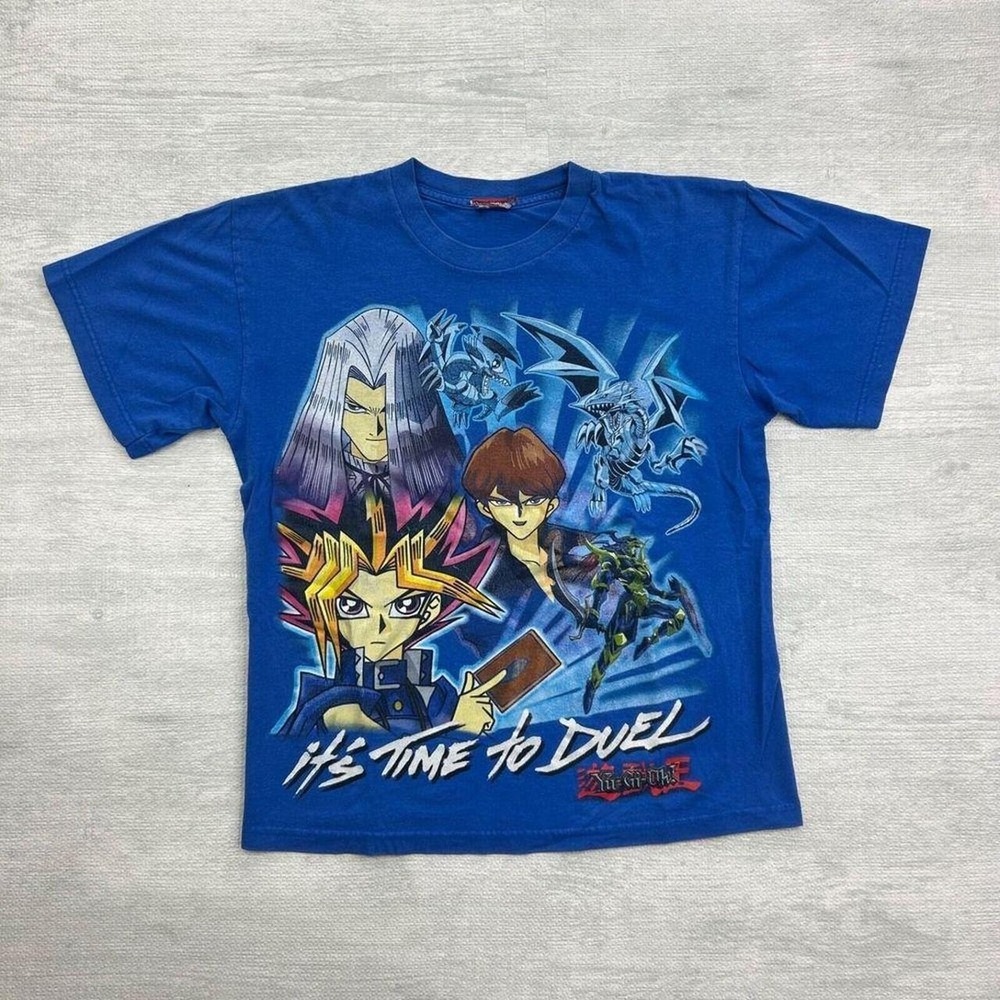 Vintage 90s Yugioh Shirt Blue It's Time To Duel Anime Manga Card Tee - Picture 1 of 5